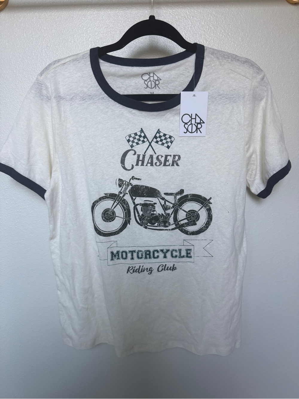 Chaser White Tee with Black Ringer Trim and Motorcycle Graphic